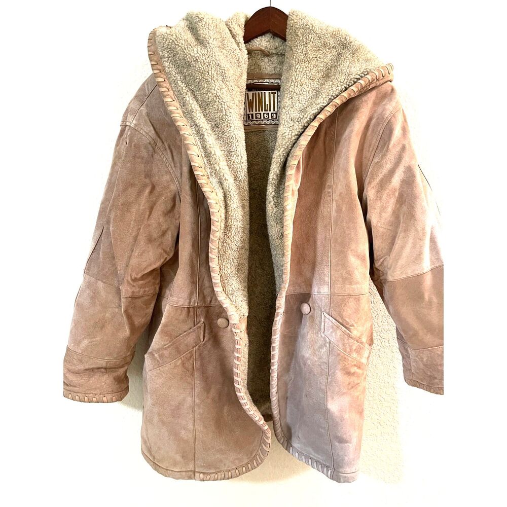Vintage Winlit 1969 Sherpa Woman's Suede Heavy Coat w/Hood Tan Edge Stitch Y2K M